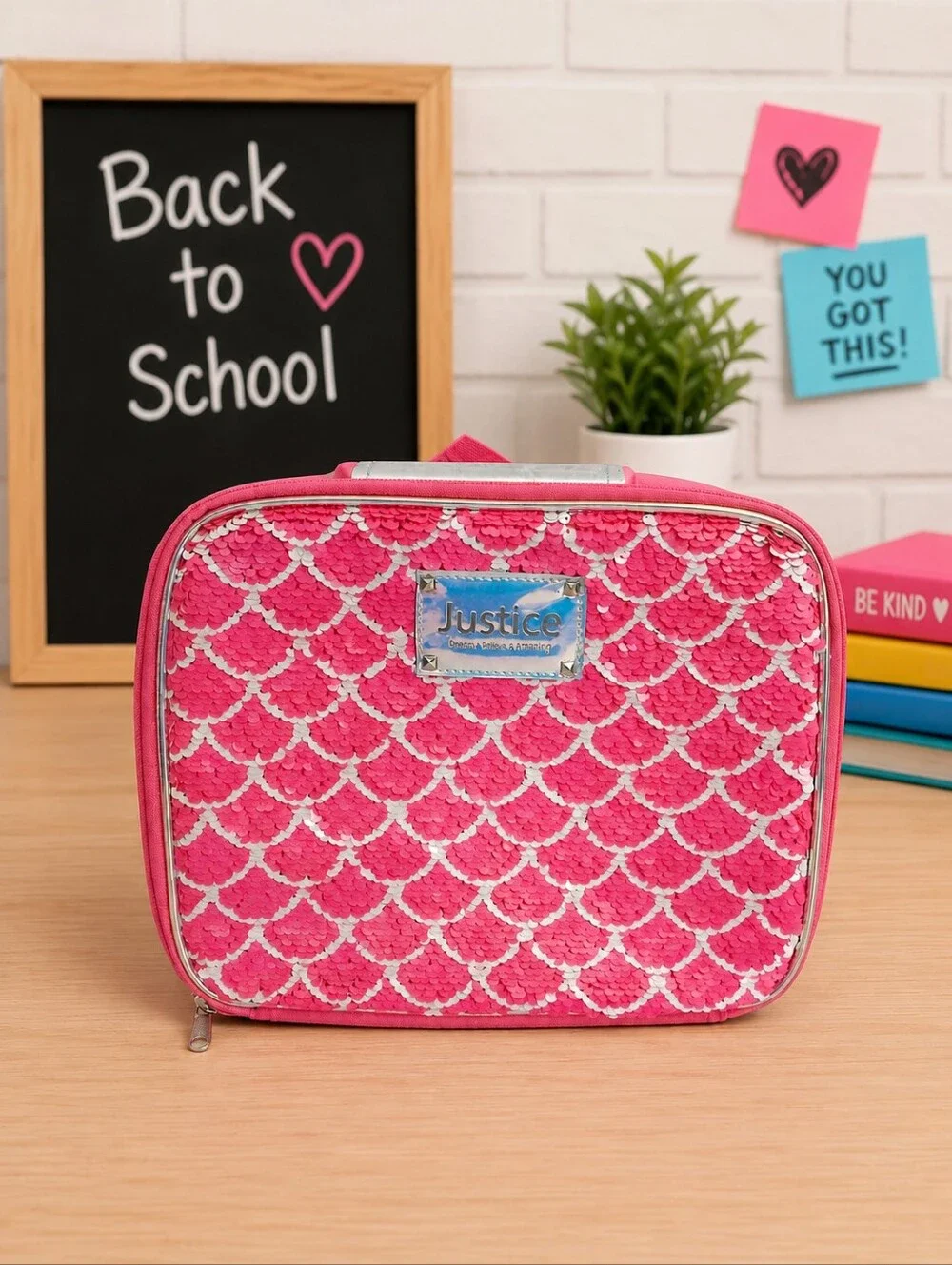 Justice Reversible Sequins Lunch Tote Hot Pink Silver Mermaid Scales Girls New
